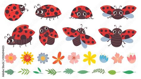 Cartoon ladybug. Cute ladybugs with flowers and leaves, red bug and ...