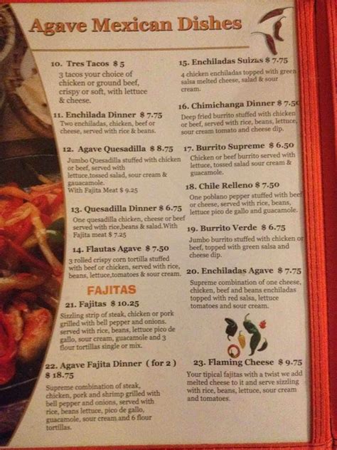 Menu at El Agave restaurant, Montevallo