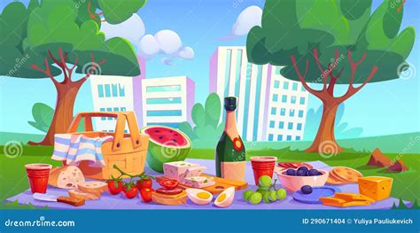 Picnic in City Park on Grass with Basket Cartoon Stock Vector ...