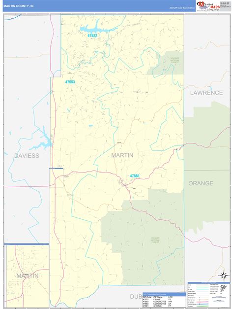 Martin County, IN Zip Code Wall Map Basic Style by MarketMAPS