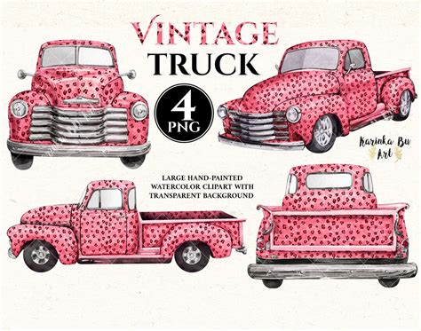 Pink Leopard Truck Watercolor Clipart Vintage Pink Pickup Truck ...