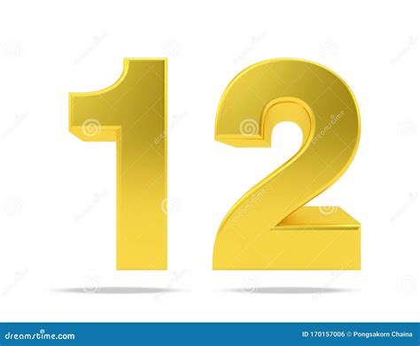 Gold Metal Number 12 Twelve Isolated on White Background, 3d Rendering ...