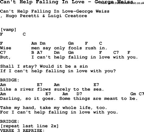 Song Can't Help Falling In Love by George Weiss, song lyric for vocal ...