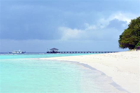 Beautiful island in the Maldives with clear blue water and vegetation ...