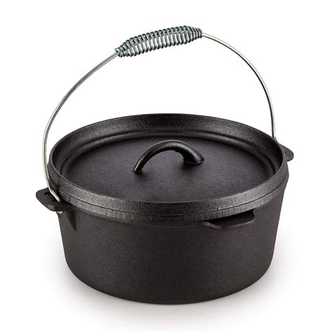 4 Litre Pre-Seasoned Cast Iron Dutch Oven Outdoor Cooking Pot Campfire ...