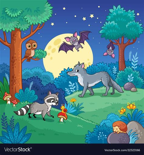 Background with Animals in the night forest. Vector illustration with ...