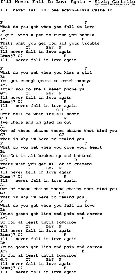 Song I'll Never Fall In Love Again by Elvis Castello, song lyric for ...