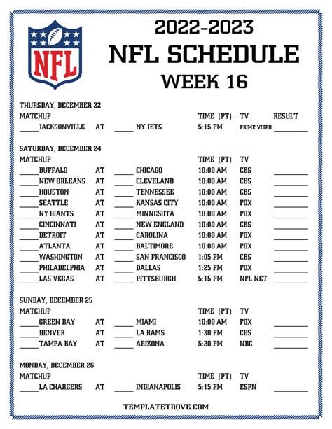 Nfl Week 16 Printable Sheets