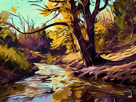 Premium AI Image | A painting of a river with trees and the sky in the ...