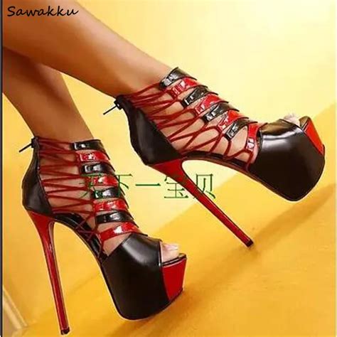 Red Black Sexy Woman Platform Pumps Dress Shoes Peep Toe Thin Heels ...