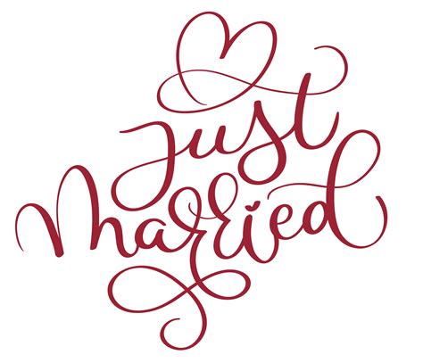 just married red text with heart on white background. Hand drawn ...