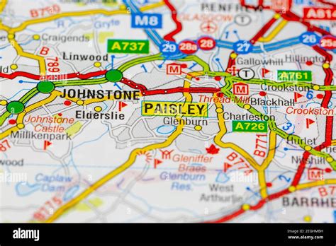 Paisley and surrounding areas shown on a road map or geography map ...