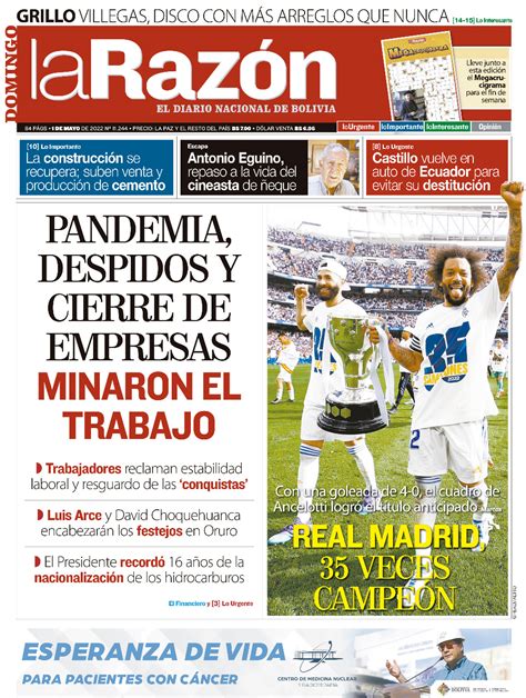 Tapa de La Razón del domingo 1 de mayo de 2022 - La Razón