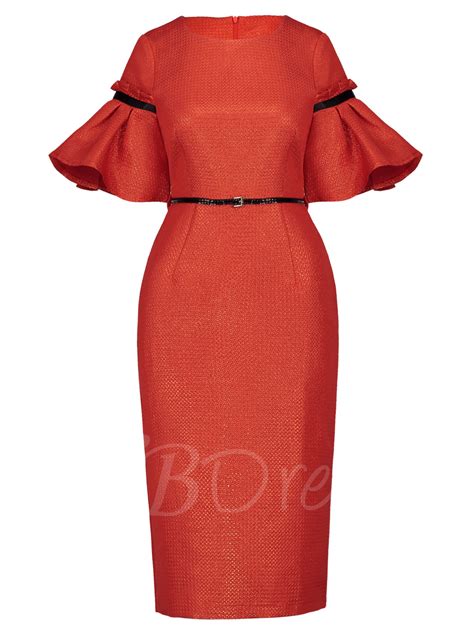 Orange Red Bell Sleeve Women's Pencil Dress | Women bodycon dress ...