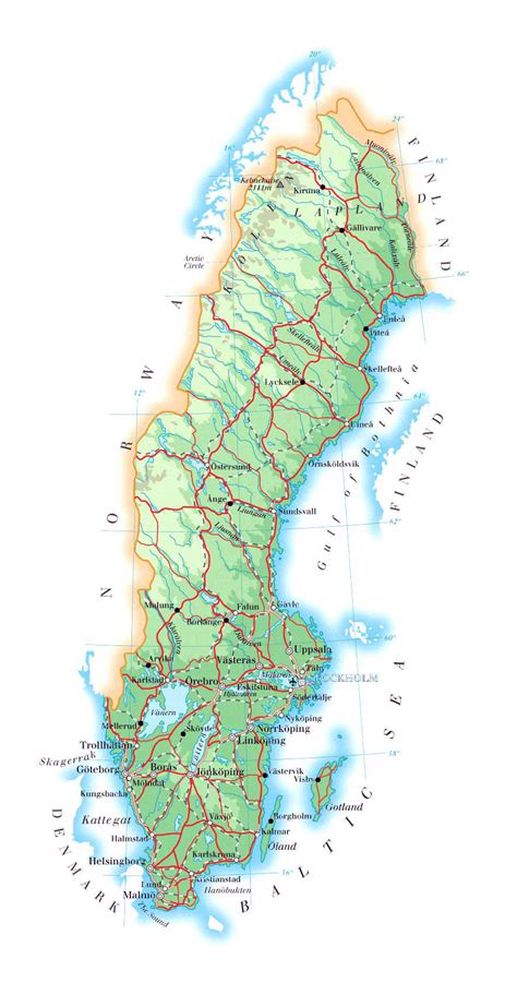 Large detailed physical map of Sweden with roads, cities and airports ...