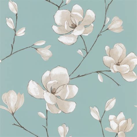 Magnolia Wallpaper Teal / Cream / Brown | Magnolia wallpaper, Teal ...