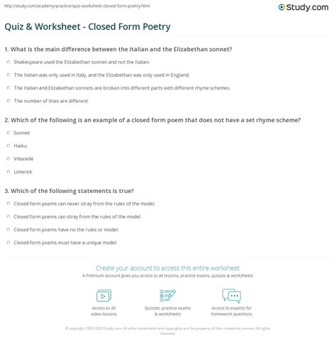 Quiz & Worksheet - Closed Form Poetry | Study.com