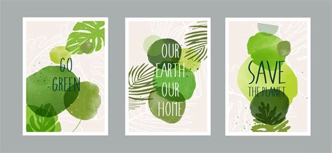 Set of happy earth day posters and leaves saving the planet ...