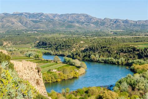 View of the Ebro River from the Miravet Castle, Spain Stock Photo ...