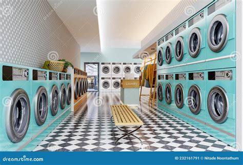 Laundry Shop Interior with Counter and Washing Machines. Stock ...