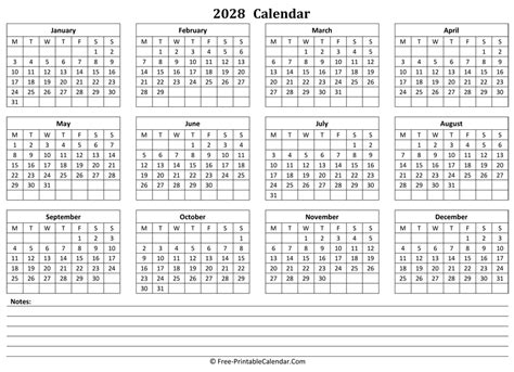 2028 Yearly Calendar in Excel, PDF and Word