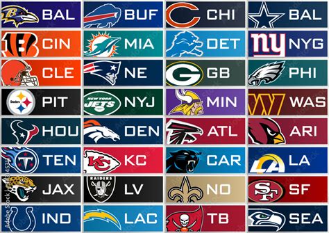 Vector icon set of 32 football teams of the US National Football League ...