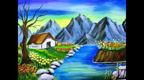 How to paint nature scenery with mountain | Acrylic painting for ...