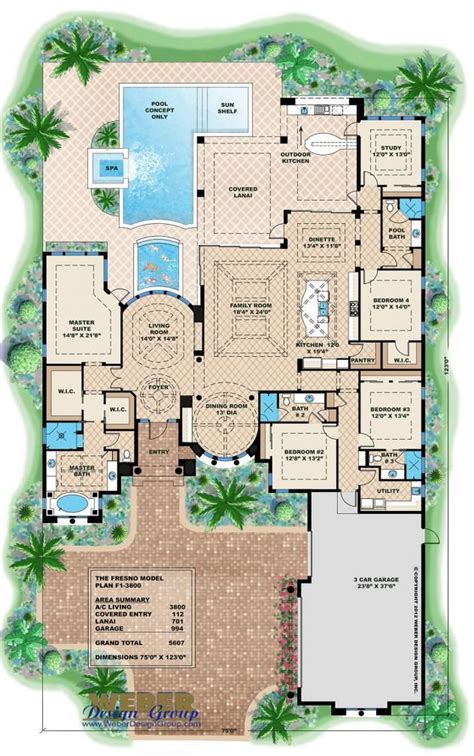 Mediterranean House Plan: Luxury 1 Story Home Floor Plan with Pool ...