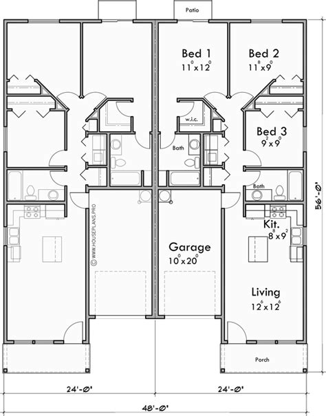 Duplex House Plan With Garage In Middle - 3 Bedrooms | Bruinier ...