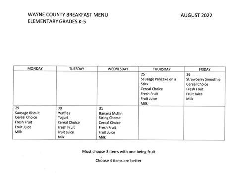 August and September Breakfast and Lunch Menus | Wayne County Schools