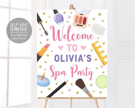 Editable spa party birthday welcome sign template pamper party poster ...