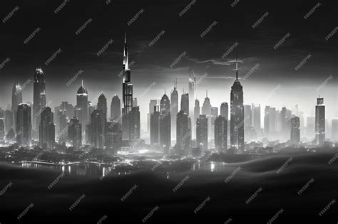 Premium AI Image | Foggy cityscape at night with skyscrapers and lights