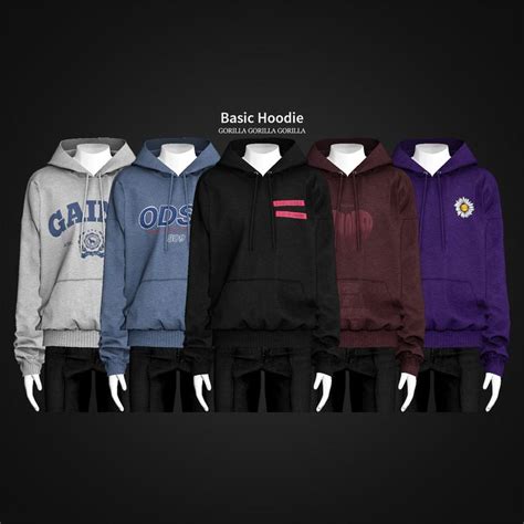 four different colored hoodies on mannequins in front of a black background