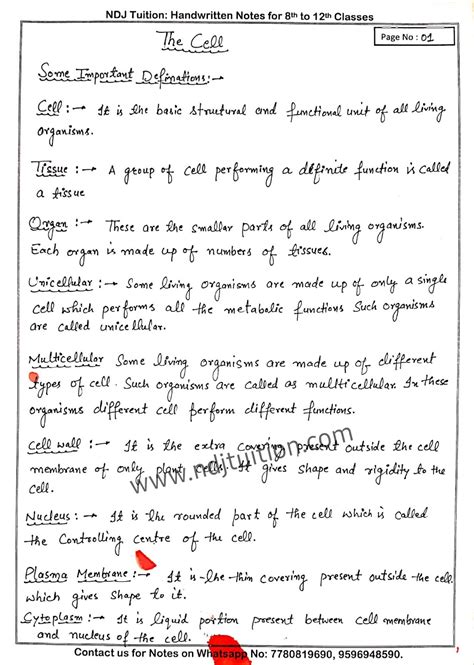 Cell Structure And Function Handwritten Notes For 8th Class Science - Riset