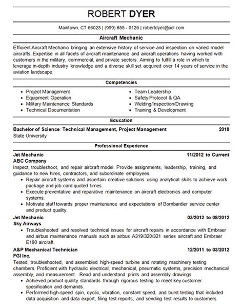 Aircraft Mechanic Resume Example - Airplane Maintenance