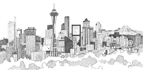 Seattle Skyline Ink Drawing Drawing by Marilyn Smith