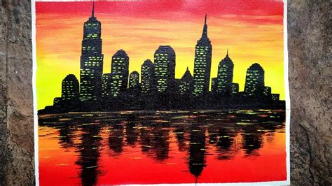 How to Paint City Skyline Sunset Painting/ City Lights Painting/ Easy ...