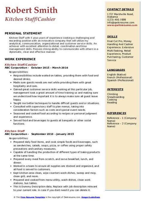 Kitchen Staff Resume Samples | QwikResume