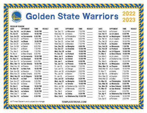 Printable 2022-2023 Golden State Warriors Schedule