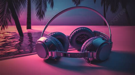 Headphones On A Beach With Neon Lights Background, Aesthetic Music ...