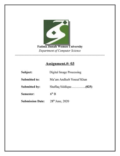 DIP Assignment NO 3 - Fatima Jinnah Women University Department of ...