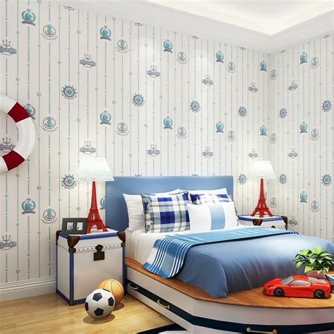 Kids Room Bedroom Wallpaper Boy Mediterranean Style Blue Vertical ...