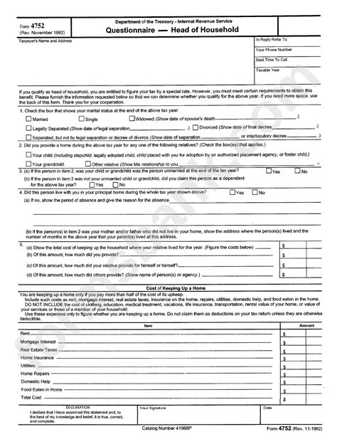 Form 4752 - Questionnaire - Head Of Household printable pdf download