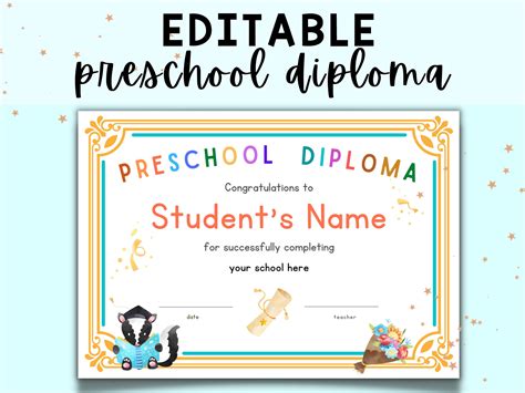 EDITABLE Preschool Diploma Certificate Template Printable Elementary ...