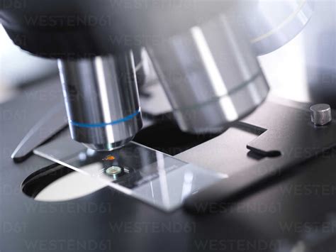 Close-up of slide on microscope in laboratory stock photo