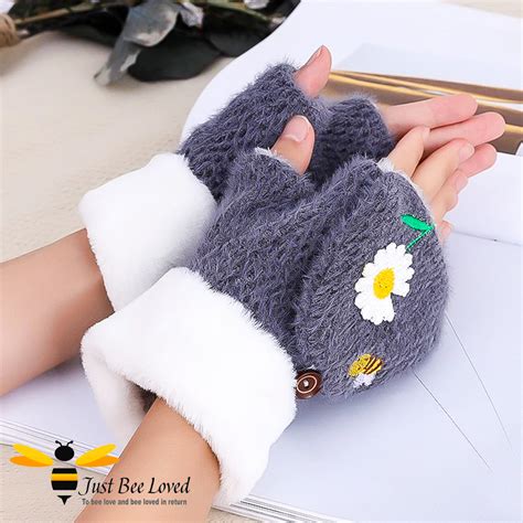 Bee & Daisy Embroidered Fingerless Convertible Mitten Gloves - 5 Colou ...