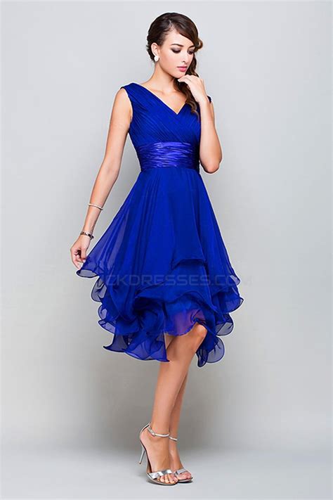 A-Line Princess V-Neck Short Royal Blue Chiffon Prom Bridesmaid Party ...