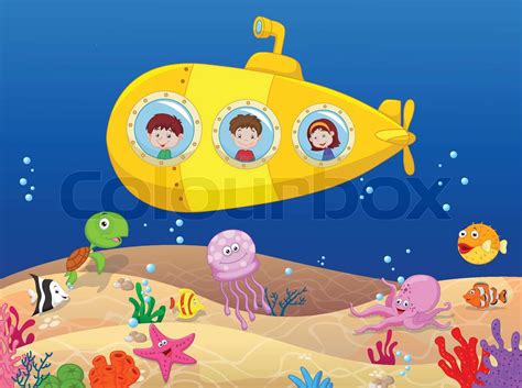 Happy kids cartoon in submarine | Stock vector | Colourbox