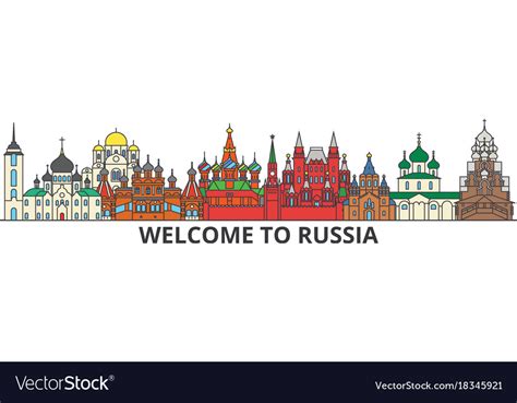 Russia outline skyline russian flat thin line Vector Image