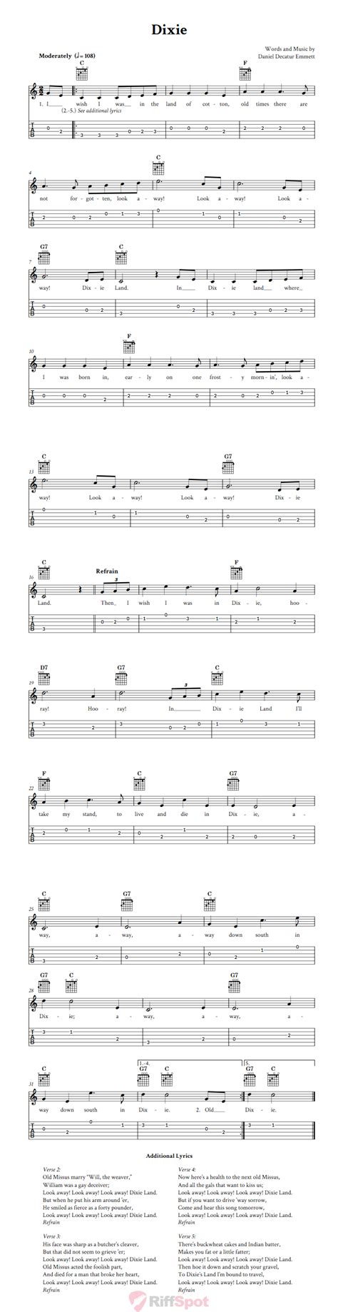 Dixie: Chords, Sheet Music, and Tab for Guitar with Lyrics